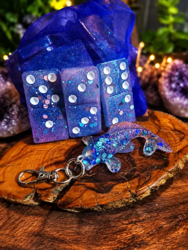 Lilac galaxy dominoes with a koi keychain