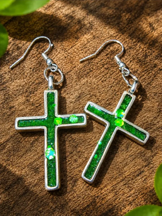 Green glitter cross earrings